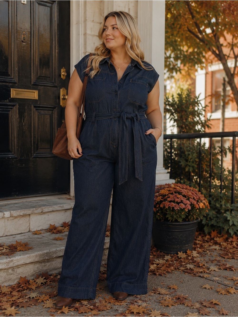 Reitmans Dark Blue Denim Tie-Waist Jumpsuit